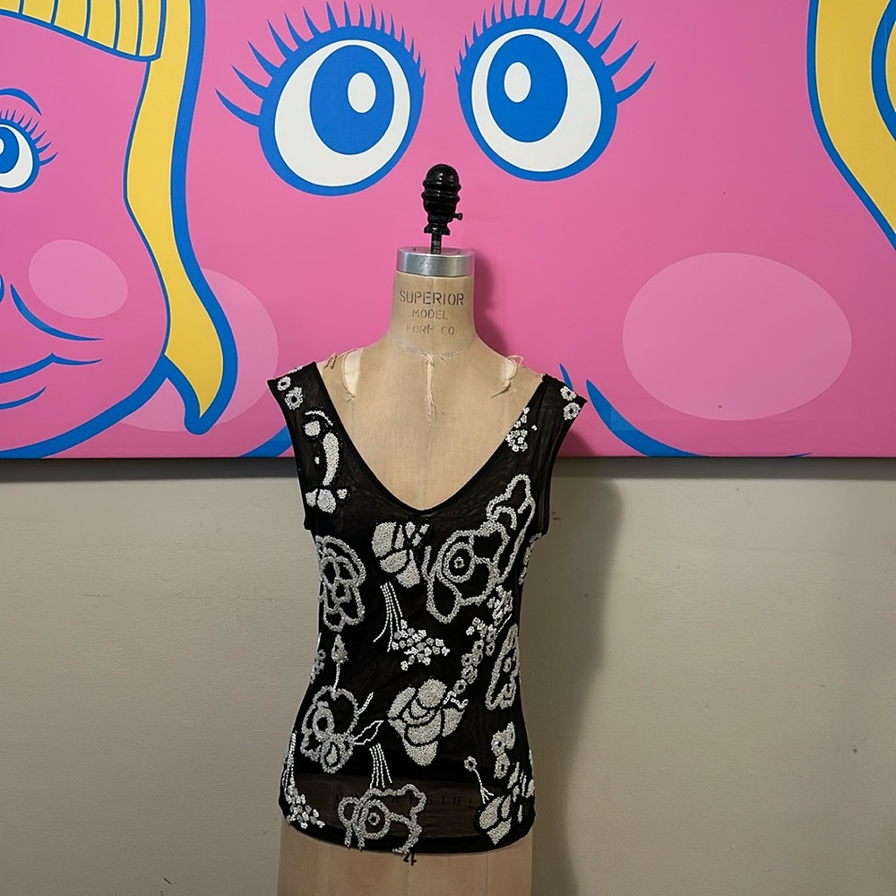 Krizia Black White Beaded Sheer Top